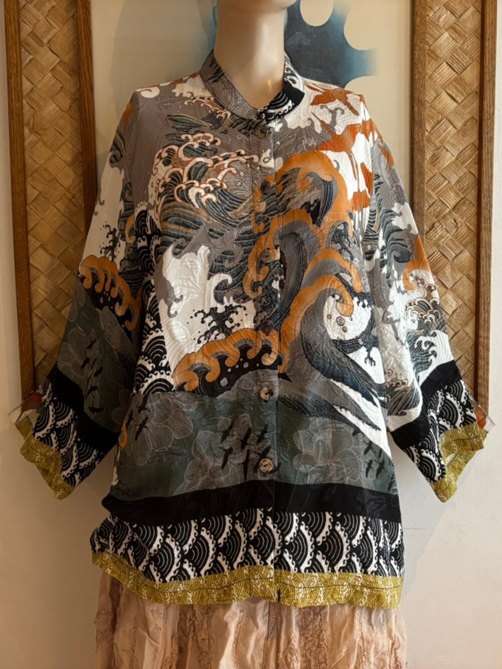 Citron Santa Monica Silk Blend Top Mandarin Collar Blouse Size L Japanese Wave